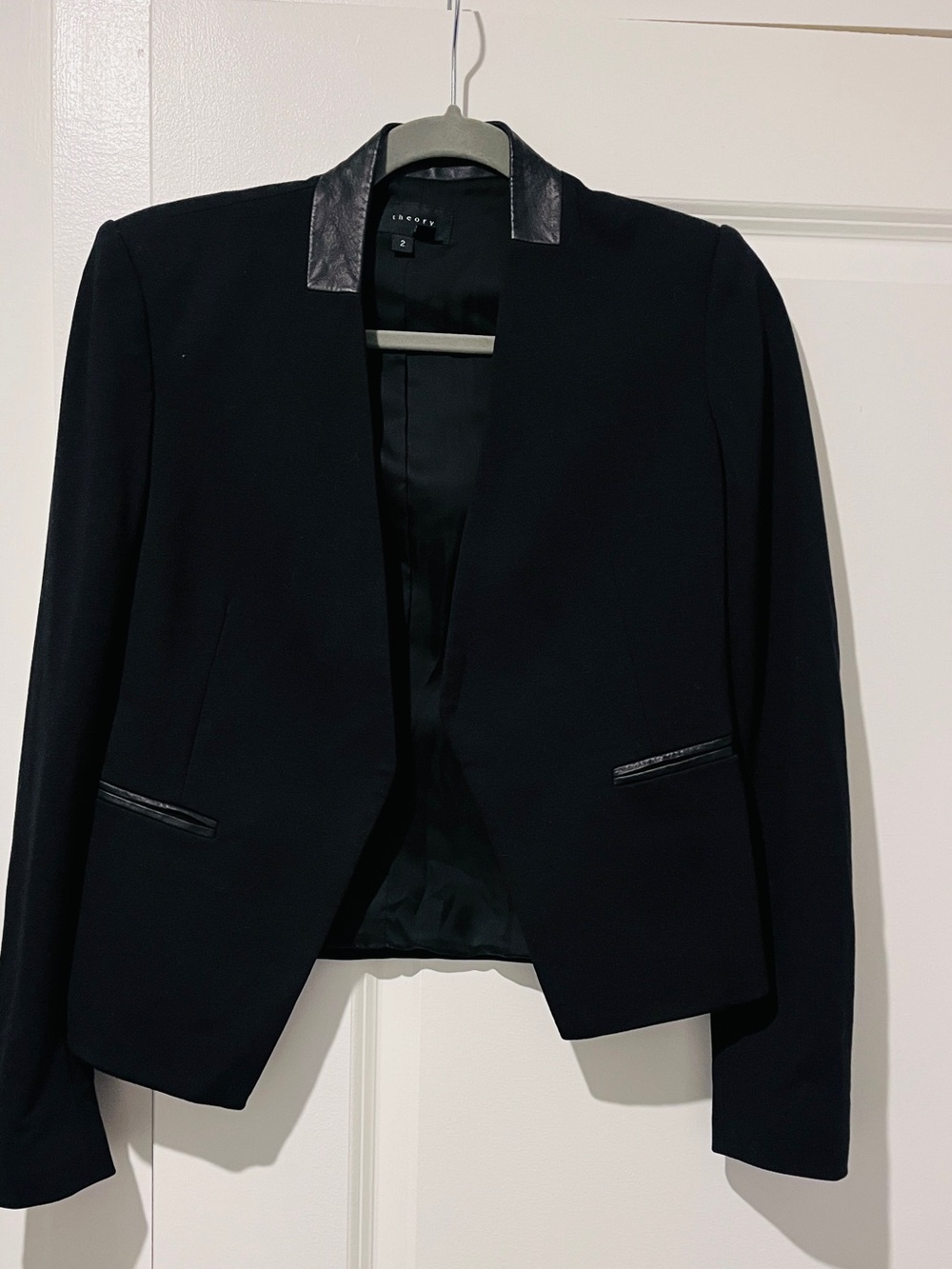 Theory Black Women's Open Blazer with Leather Trim